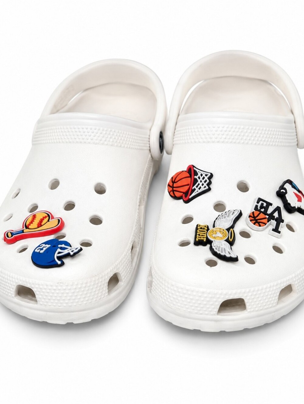 Women's Crocs Classic Clogs White Slip-On Comfort Shoes with Sports Jibbitz Char